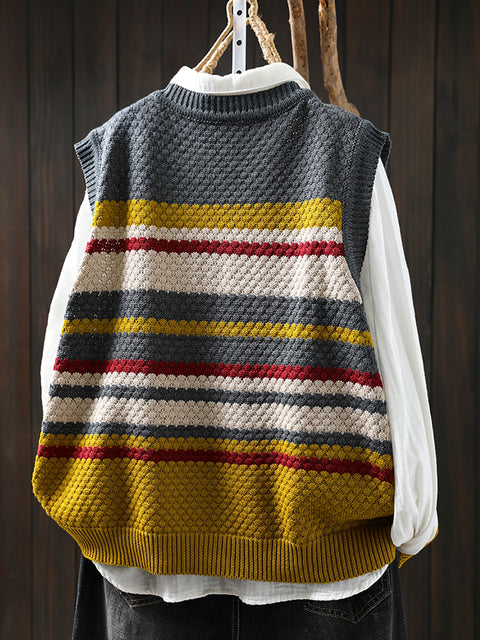 Women Spring Casual Colorblock Stripe O-Neck Knit Vest