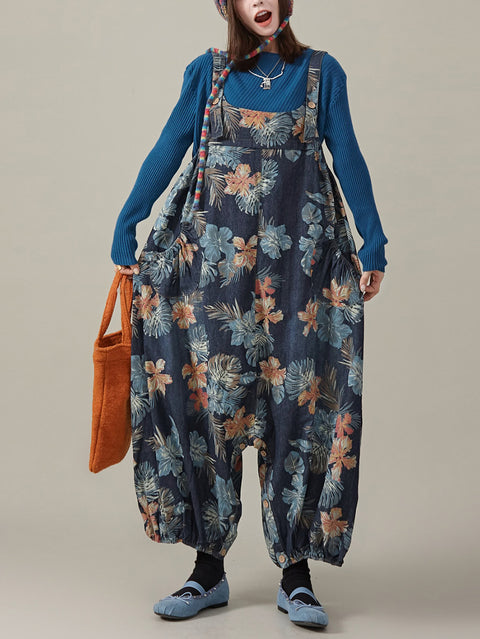 Women Summer Artsy Flower Denim Harem Jumpsuits