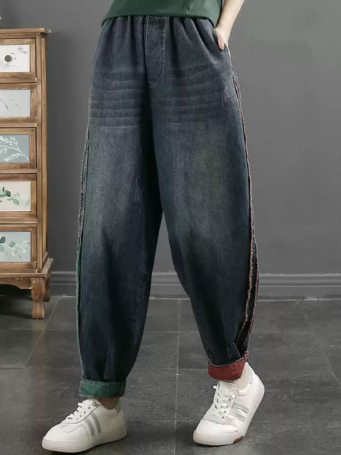 Women Spring Retro Raw-edge Denim Harem Pants