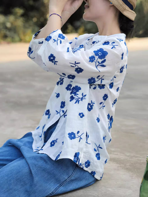 Camisa de mujer con bordado de flores primaverales 100 % ramio