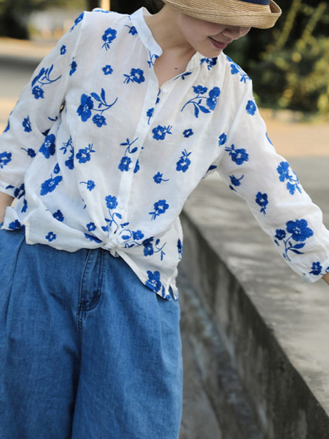 Camisa de mujer con bordado de flores primaverales 100 % ramio