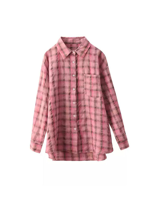 Camisa de lino con cuello vuelto y cuadros escoceses de estilo artístico para mujer