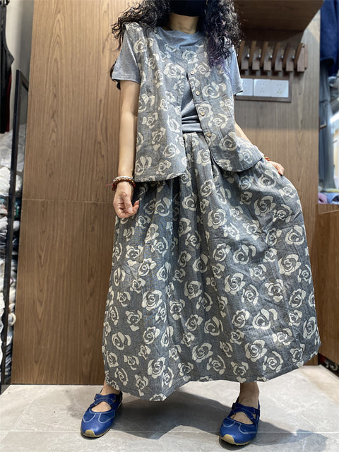 Women Spring Vintage Rose Gray Loose Suits