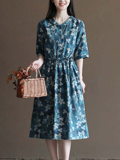 Vestido de mujer con cuello de muñeca de algodón 100 % con flores artísticas de primavera