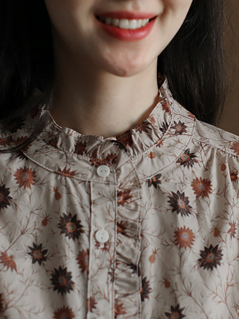 Camisa de algodón 100 % con botones y estampado floral artístico para mujer