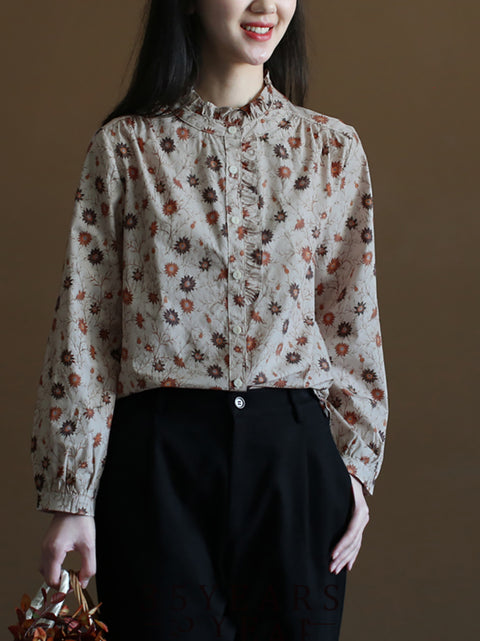 Camisa de algodón 100 % con botones y estampado floral artístico para mujer