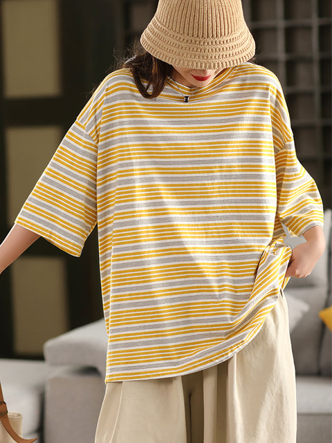 Women Summer Stripe 100%Cotton O-Neck Shirt