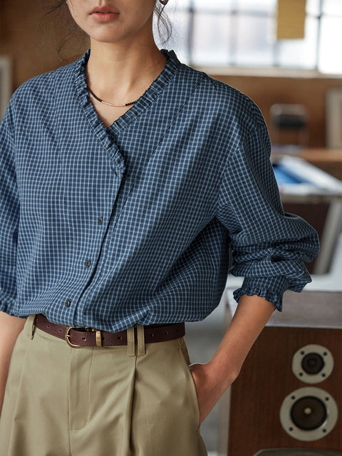 Camisa de mujer de algodón 100 % con cuello en V y cuadros escoceses para primavera