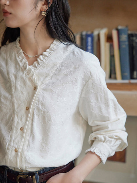 Camisa de mujer de algodón 100 % con cuello en V y cuadros escoceses para primavera