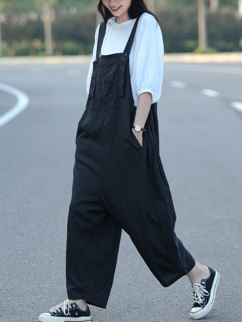 Women Summer Casual Pure Color Loose Jumpsuits