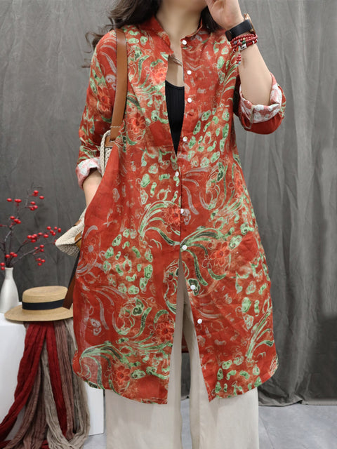 Women Vintage Flower Stand Collar 100%Linen Long Shirt