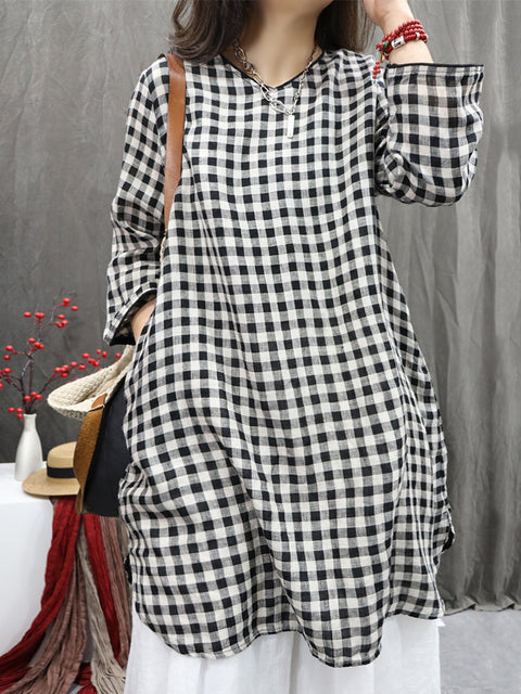 Women Vintage Plaid O-Neck 100%Linen Long Shirt