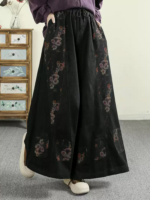 Women Spring Retro Flower Spliced Denim Wide-leg Pants