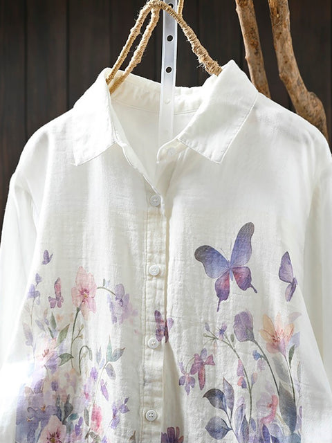 Camisa de mujer 100 % algodón con estampado artístico de primavera