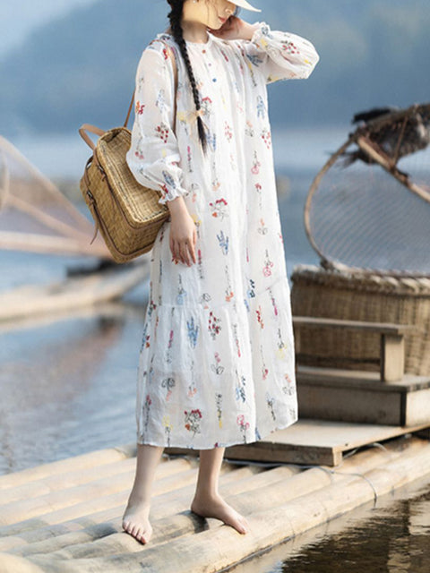 Vestido de verano para mujer, con cuello redondo y bordado de flores, 100 % ramio