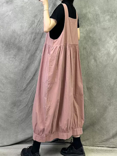 Vestido de tirantes de algodón de color puro estilo retro de primavera para mujer