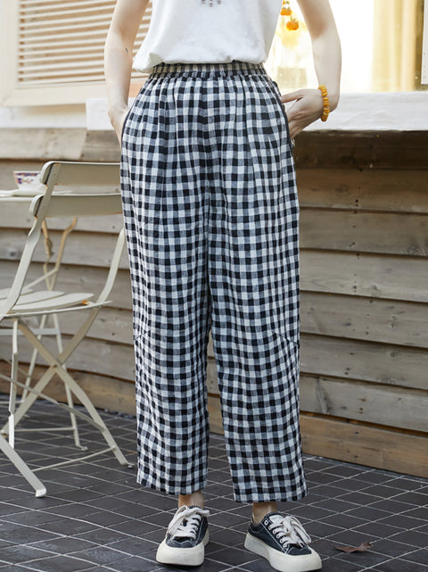 Women Spring Plaid Loose 100%Linen Harem Pants