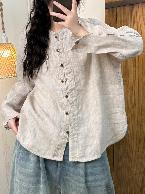 Camisa de lino con cuello alto estilo retro de primavera para mujer