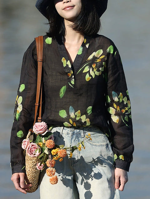 Camisa de mujer de primavera con escote en V y flores artísticas 100 % ramio