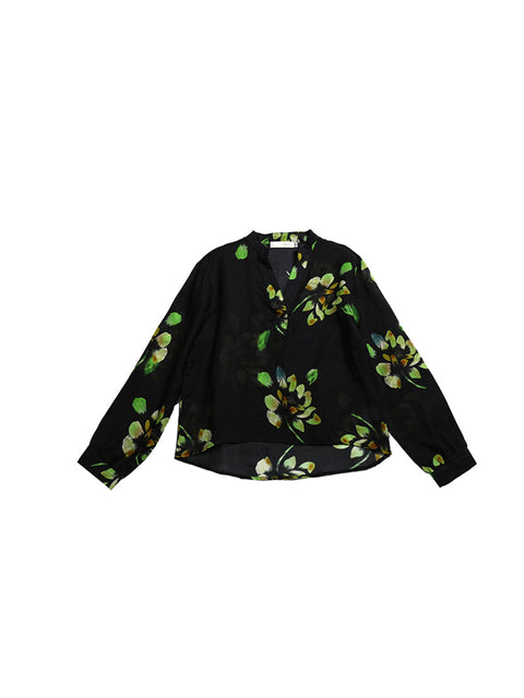 Camisa de mujer de primavera con escote en V y flores artísticas 100 % ramio