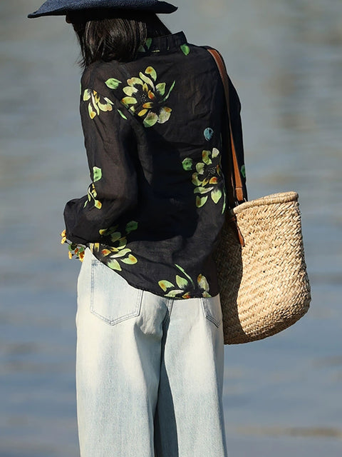 Camisa de mujer de primavera con escote en V y flores artísticas 100 % ramio