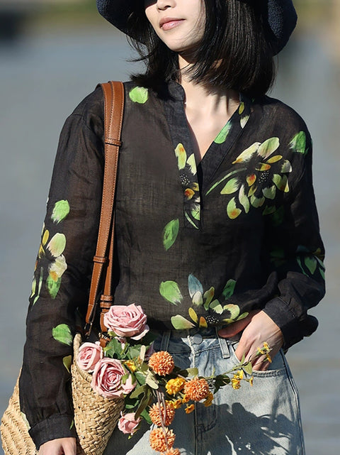 Camisa de mujer de primavera con escote en V y flores artísticas 100 % ramio