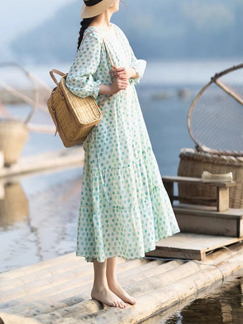 Vestido holgado de lino con escote en V y lunares para mujer de verano