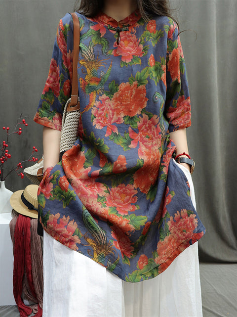 Women Summer Ethnic Stand Collar Flower 100%Ramie Shirt