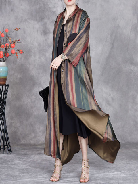 Women Spring Stripe Irregular Hem Stand Collar Long Coat