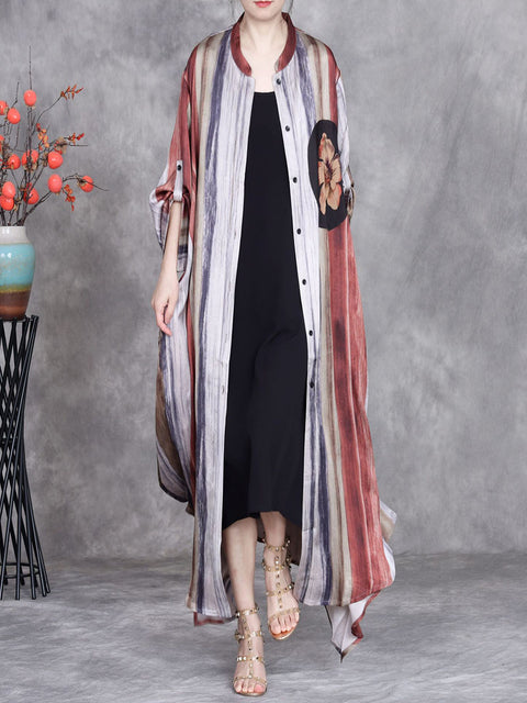 Women Spring Stripe Irregular Hem Stand Collar Long Coat