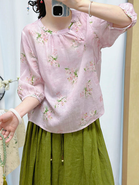 Women Summer Ethnic Flower O-Neck 100%Ramie Shirt