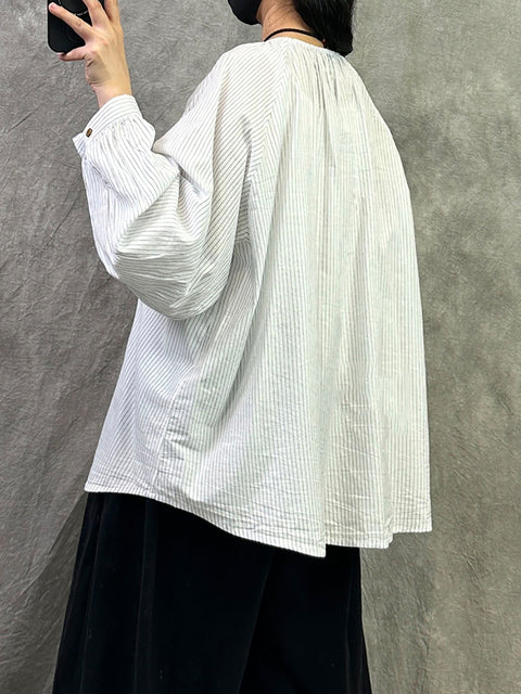 Women Spring Casual Stripe O-Neck Loose Shirt