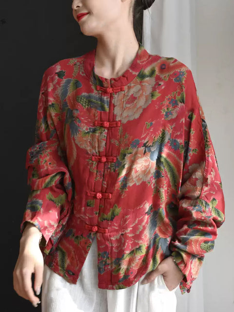 Camisa de algodón 100 % con cuello alto y estampado étnico de flores para mujer de verano