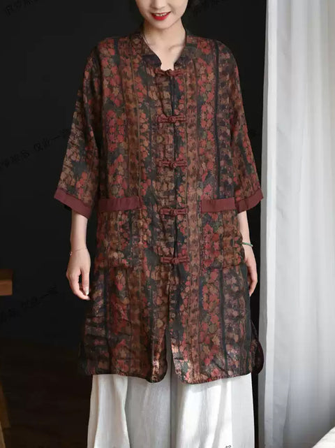 Camisa étnica de verano para mujer, con cuello alto y flores, 100 % ramio