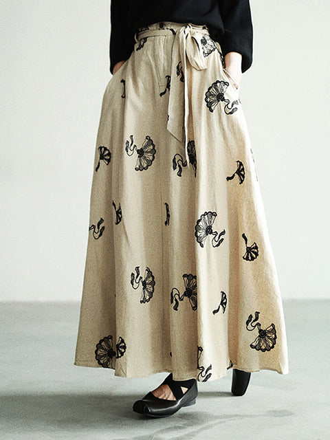 Women Summer Artsy Flower Embroidery Linen Skirt