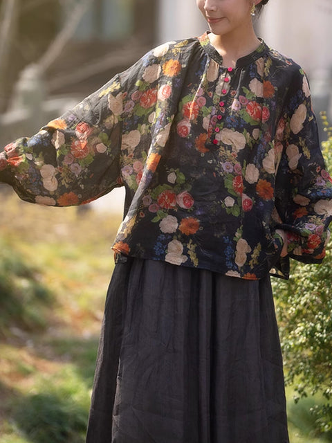 Camisa étnica de primavera para mujer, con cuello alto y flores, 100 % ramio