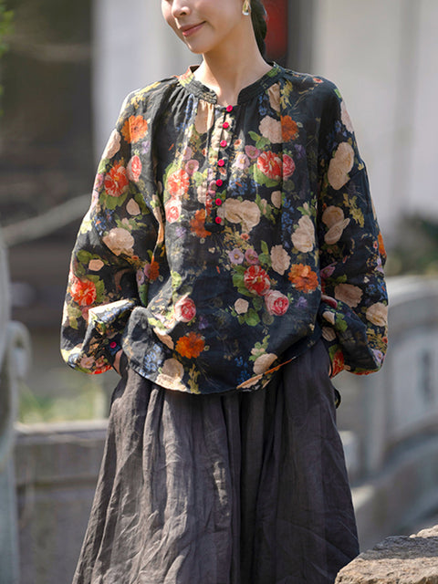 Camisa étnica de primavera para mujer, con cuello alto y flores, 100 % ramio