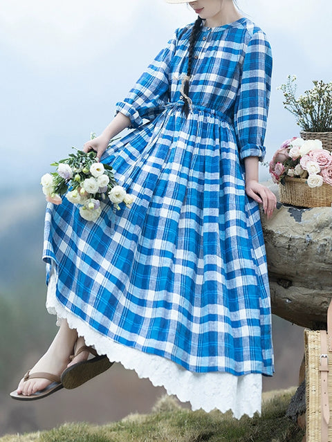 Vestido holgado de lino 100 % con tirantes y cuello redondo a cuadros para mujer