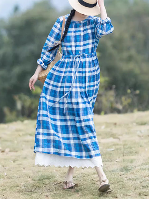 Vestido holgado de lino 100 % con tirantes y cuello redondo a cuadros para mujer