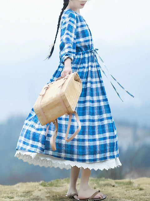 Vestido holgado de lino 100 % con tirantes y cuello redondo a cuadros para mujer