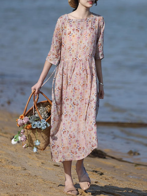 Vestido suelto de primavera para mujer, 100 % ramio, con estampado floral artístico