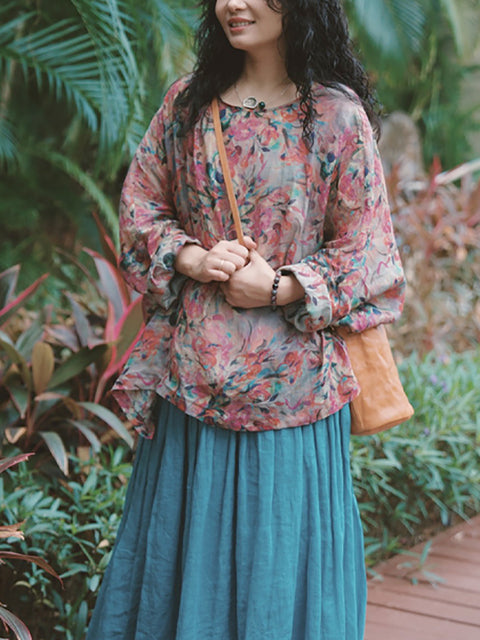 Camisa de mujer con cuello redondo y estampado artístico de flores de ramio