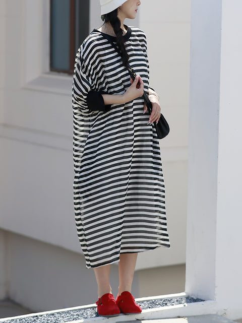 Women Summer Casual Colorblock Stripe Loose Dress