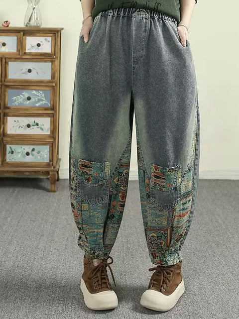 Pantalones vaqueros estilo harén con parches retro empalmados para mujer