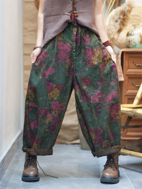 Pantalones harén de algodón con estampado retro de flores para mujer