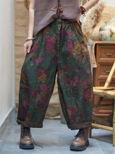 Women Spring Retro Flower Cotton Harem Pants