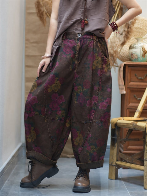 Women Spring Retro Flower Cotton Harem Pants