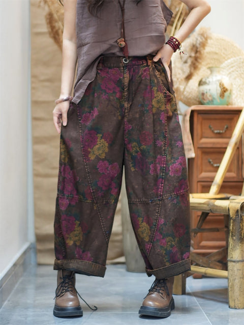 Women Spring Retro Flower Cotton Harem Pants