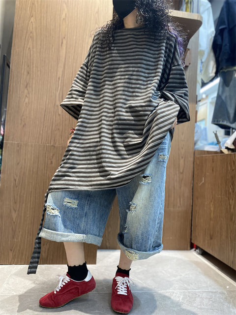 Women Spring Casual Stripe O-Neck Loose Cotton Shirt