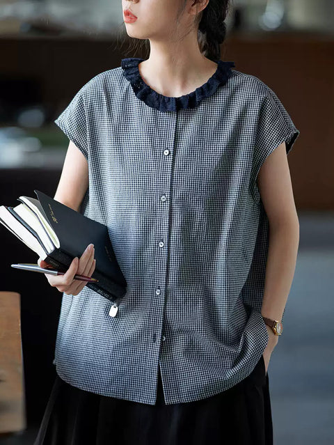 Camisa de verano para mujer, 100 % algodón, con cuello de encaje y cuadros